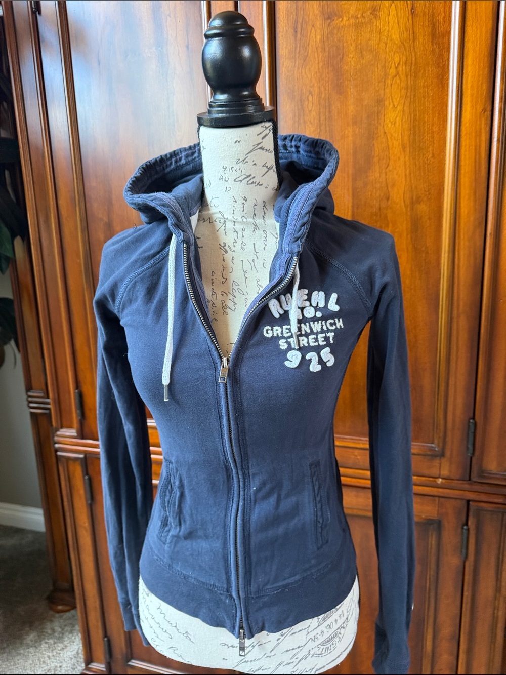 Hollister Navy Zip Hoodie with White Drawstrings and Chest Logo